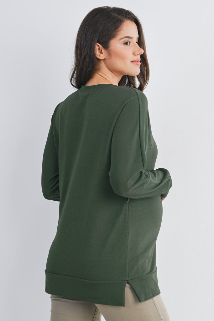 Green Round Neck Side Zip Maternity Nursing Pullover Top Back View