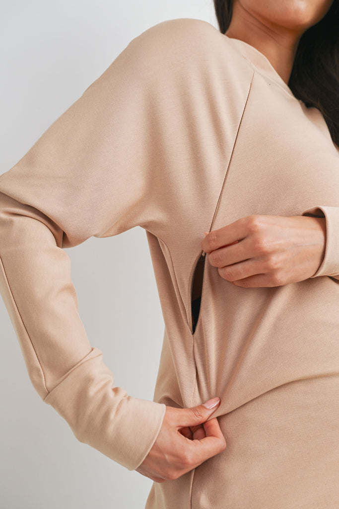 Taupe Round Neck Side Zip Maternity Nursing Pullover Top Zipper Detail Close Up