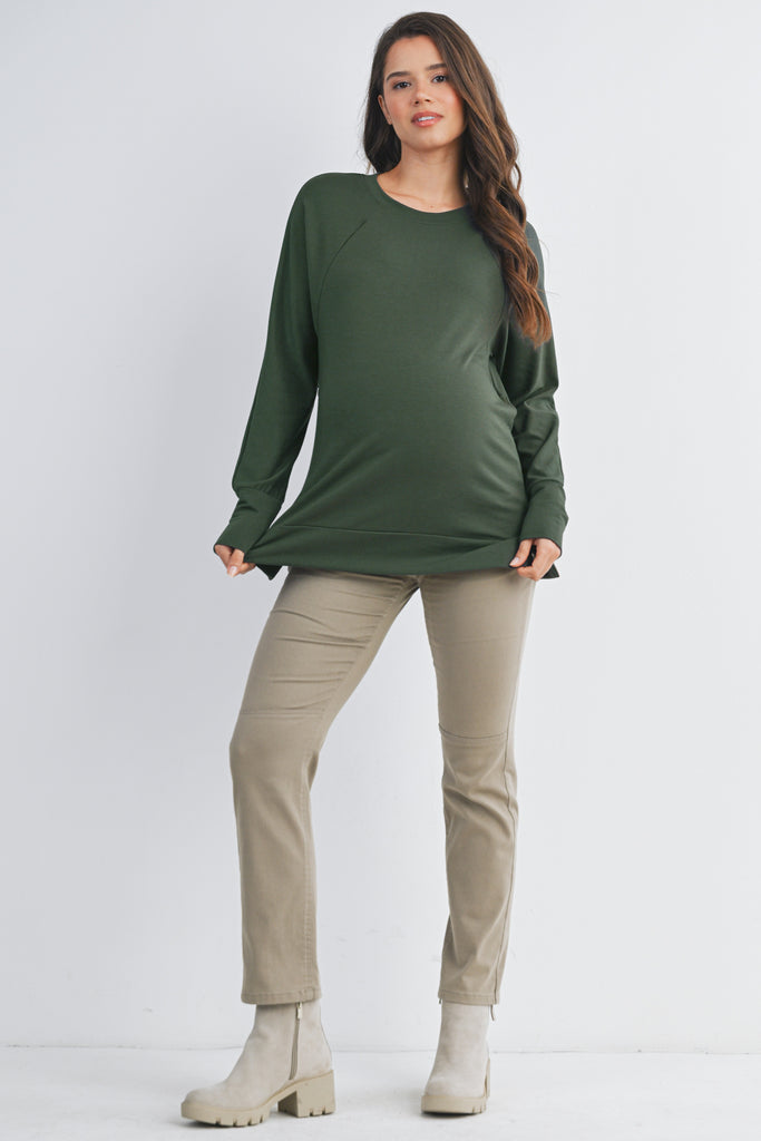 Green Round Neck Side Zip Maternity Nursing Pullover Top Full Body