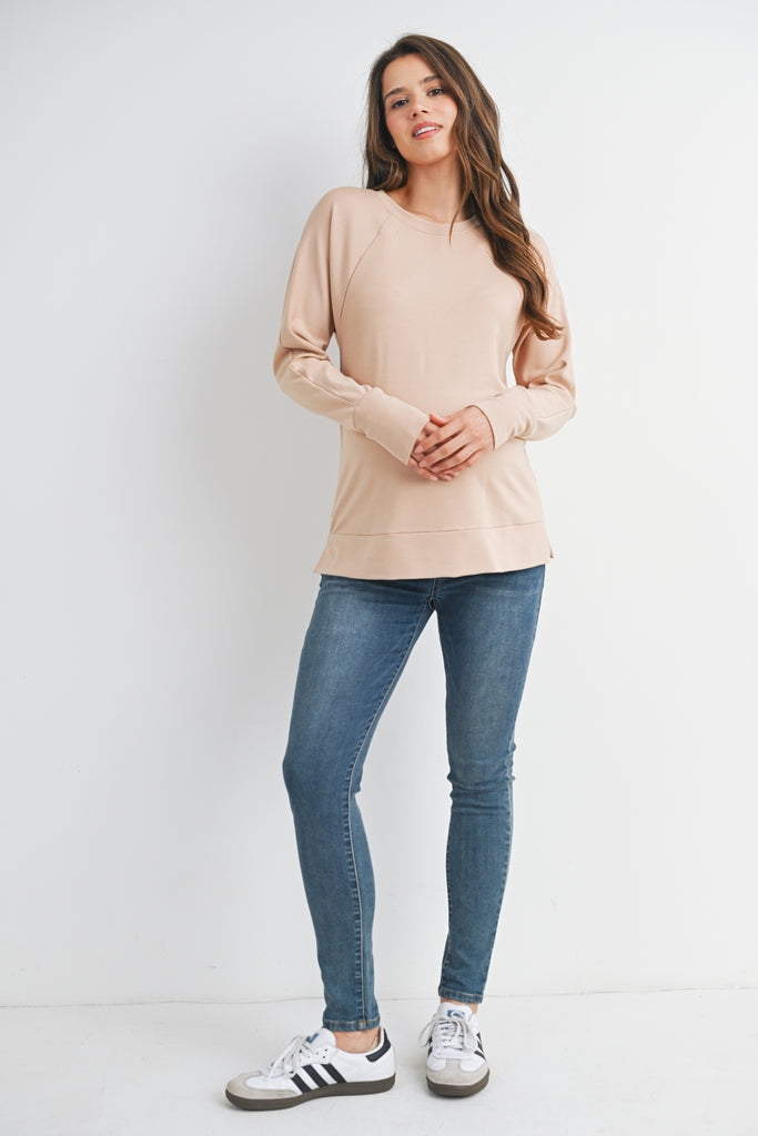 Taupe Round Neck Side Zip Maternity Nursing Pullover Top Full Body