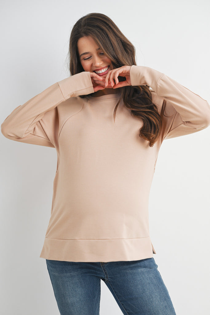 Taupe Round Neck Side Zip Maternity Nursing Pullover Top Front View