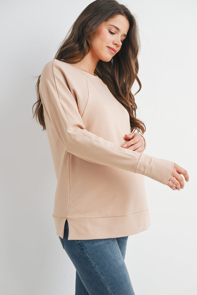 Taupe Round Neck Side Zip Maternity Nursing Pullover Top Side View