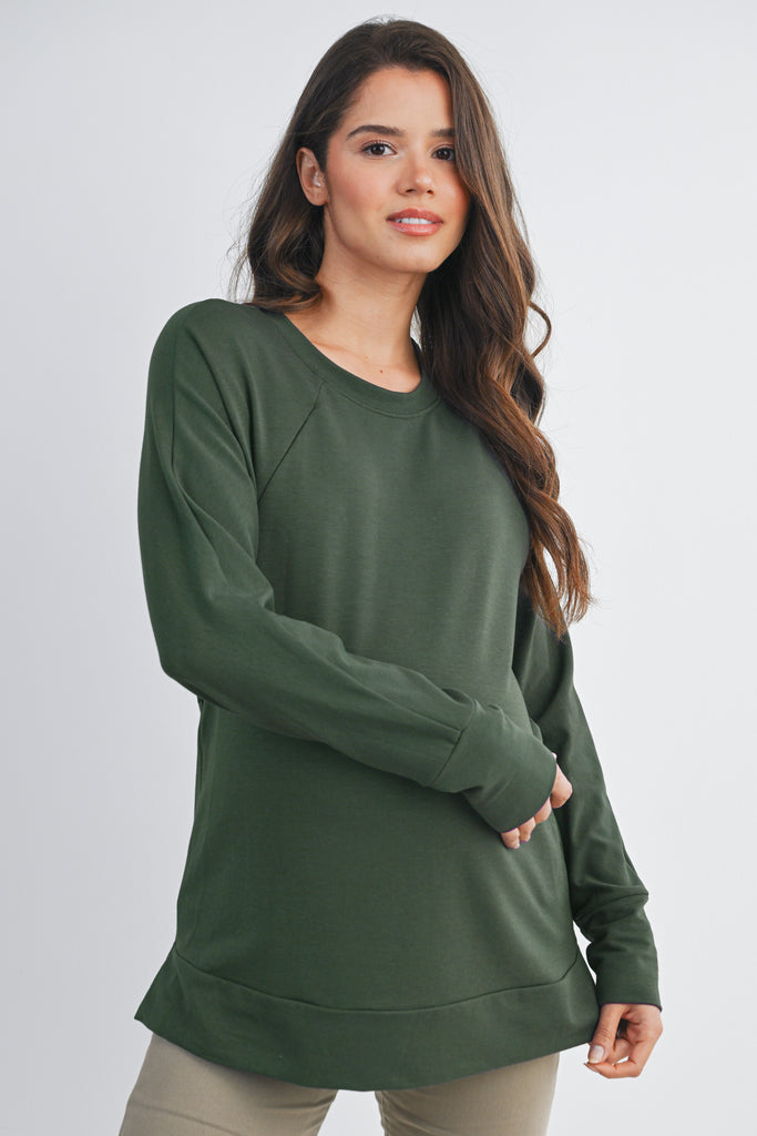 Green Round Neck Side Zip Maternity Nursing Pullover Top Front View