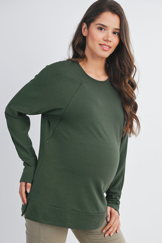 Green Round Neck Side Zip Maternity Nursing Pullover Top Side View