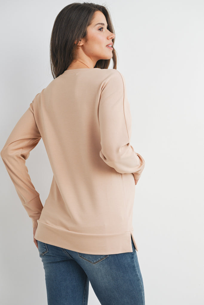 Taupe Round Neck Side Zip Maternity Nursing Pullover Top Back View