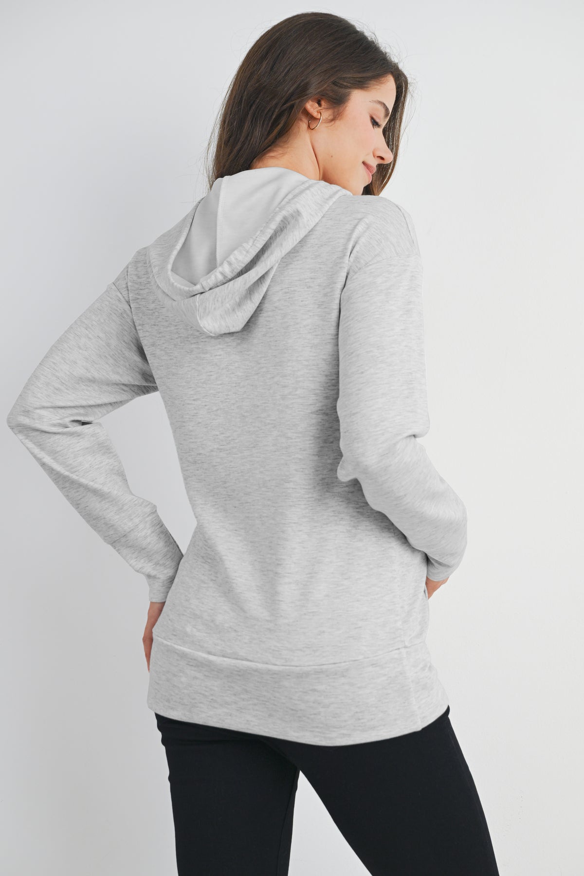 Back view of heather grey maternity nursing hoodie showing hood