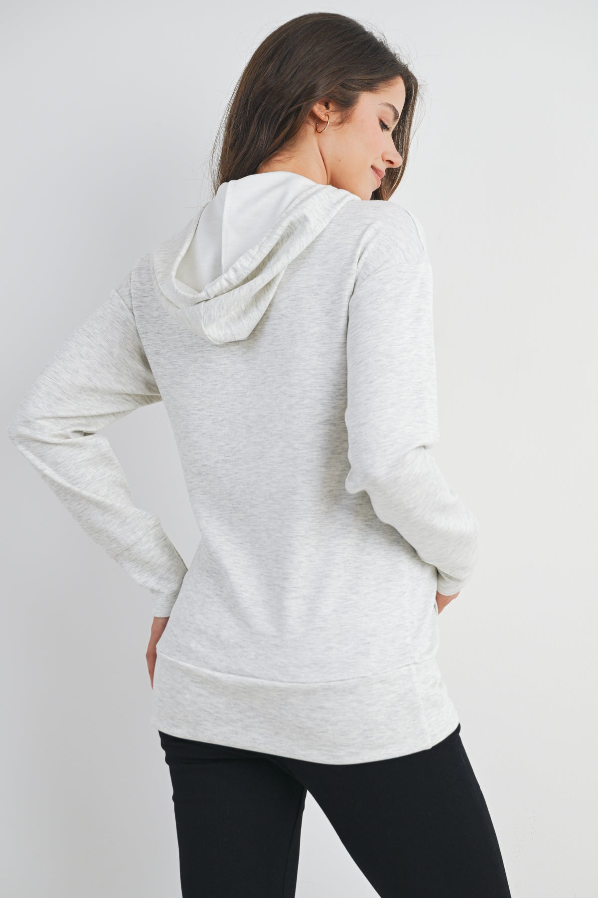 Grey Casual Drawstring Kangaroo Pocket Maternity Nursing Hoodie Back View