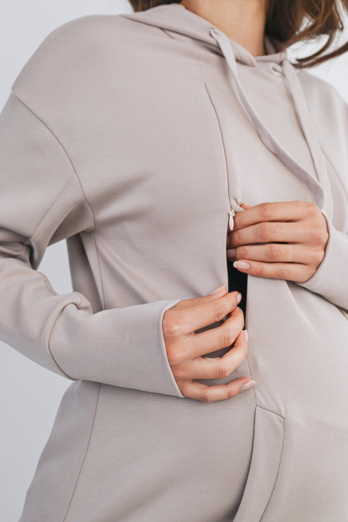 Taupe Casual Drawstring Kangaroo Pocket Maternity Nursing Hoodie Nursing Opening Detail Close Up