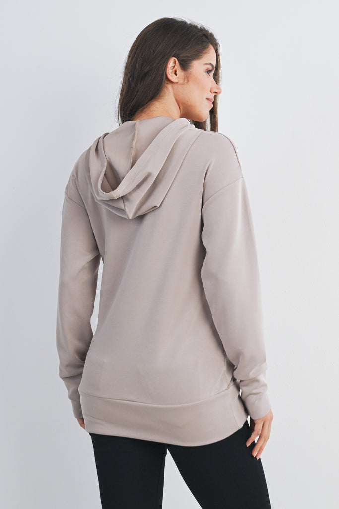 Taupe Casual Drawstring Kangaroo Pocket Maternity Nursing Hoodie Back View