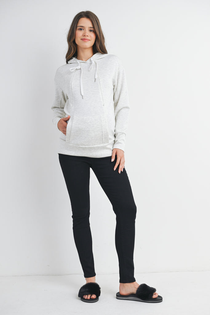 Grey Casual Drawstring Kangaroo Pocket Maternity Nursing Hoodie Full Body