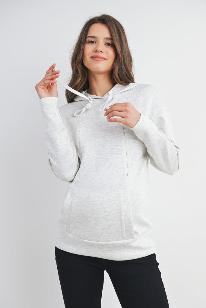 Grey Casual Drawstring Kangaroo Pocket Maternity Nursing Hoodie Front View