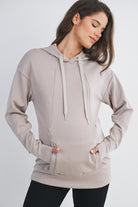 Taupe Casual Drawstring Kangaroo Pocket Maternity Nursing Hoodie Front View