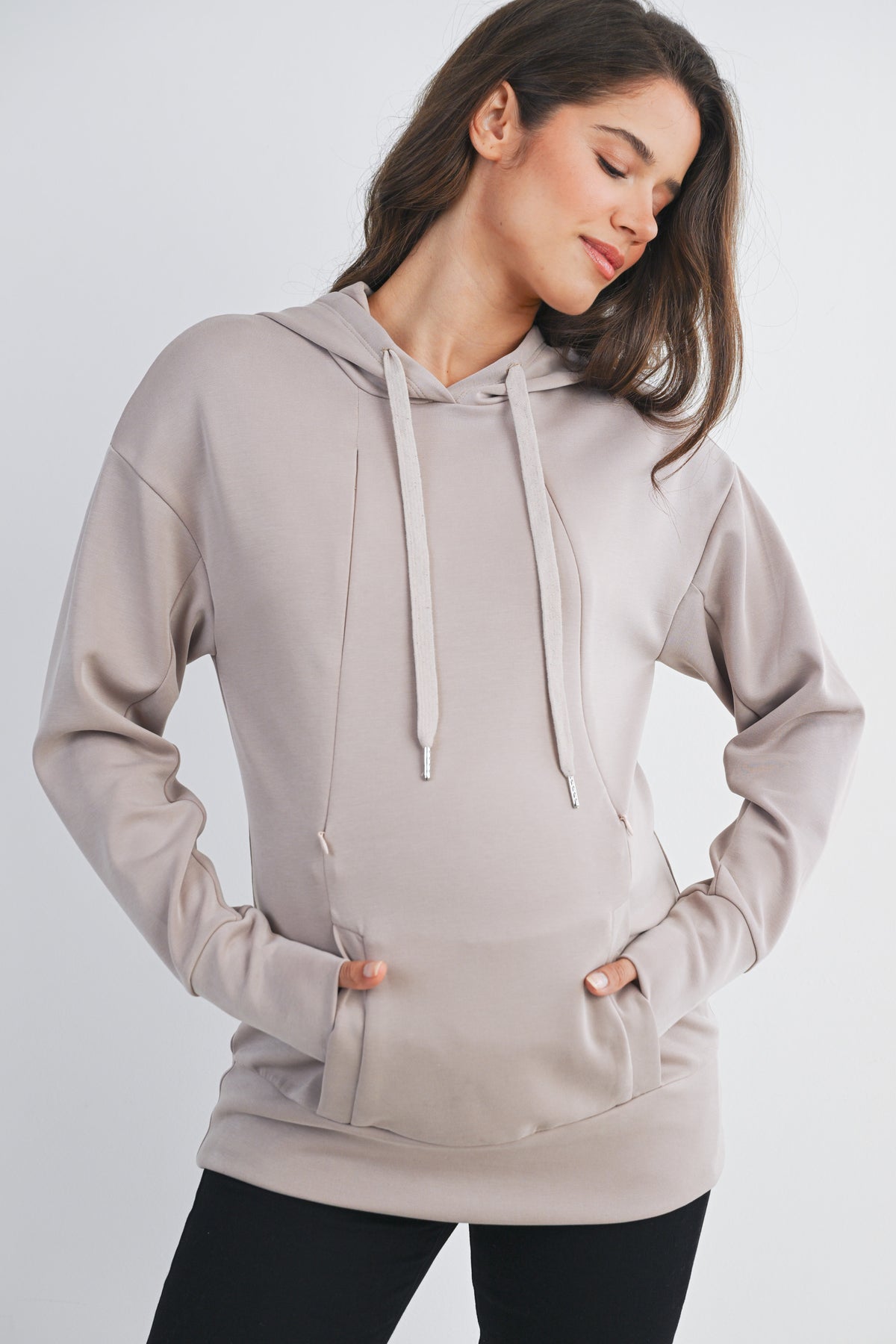 Taupe Casual Drawstring Kangaroo Pocket Maternity Nursing Hoodie Front View
