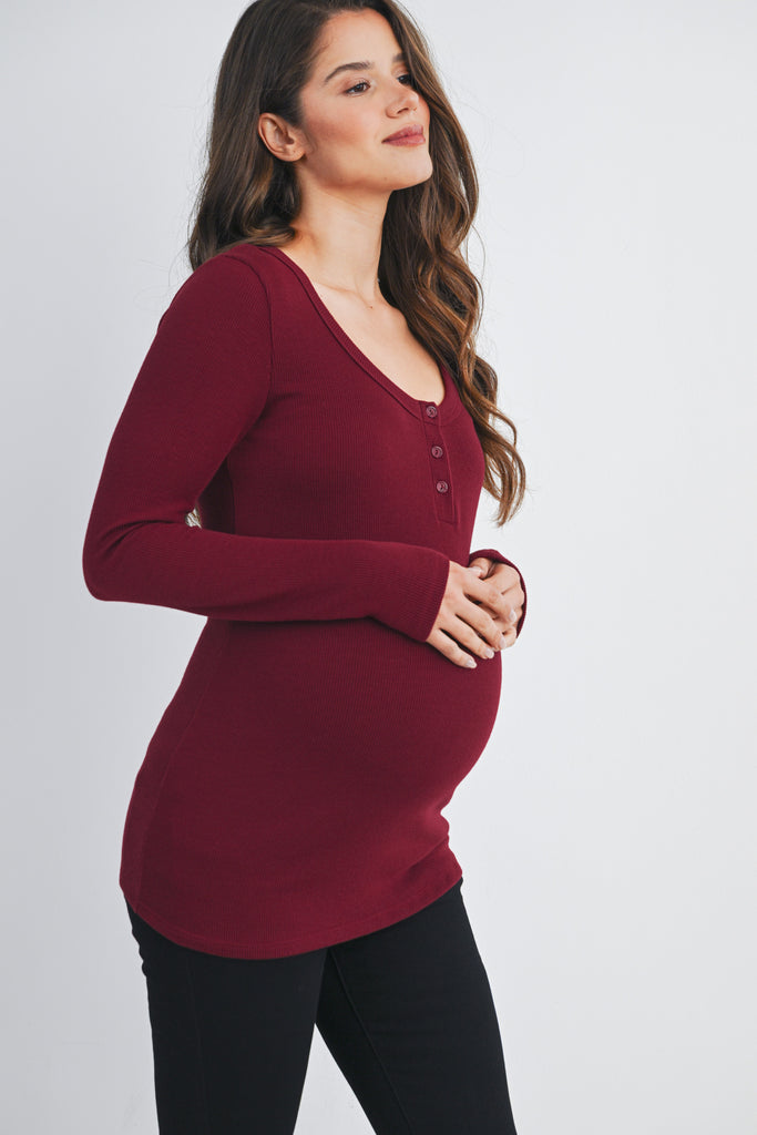Burgundy Ribbed Long Sleeve Henley Maternity Top Side View