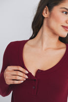 Burgundy Ribbed Long Sleeve Henley Maternity Top Close Up Detail