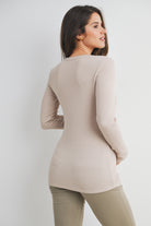 Taupe Ribbed Long Sleeve Henley Maternity Top Back View