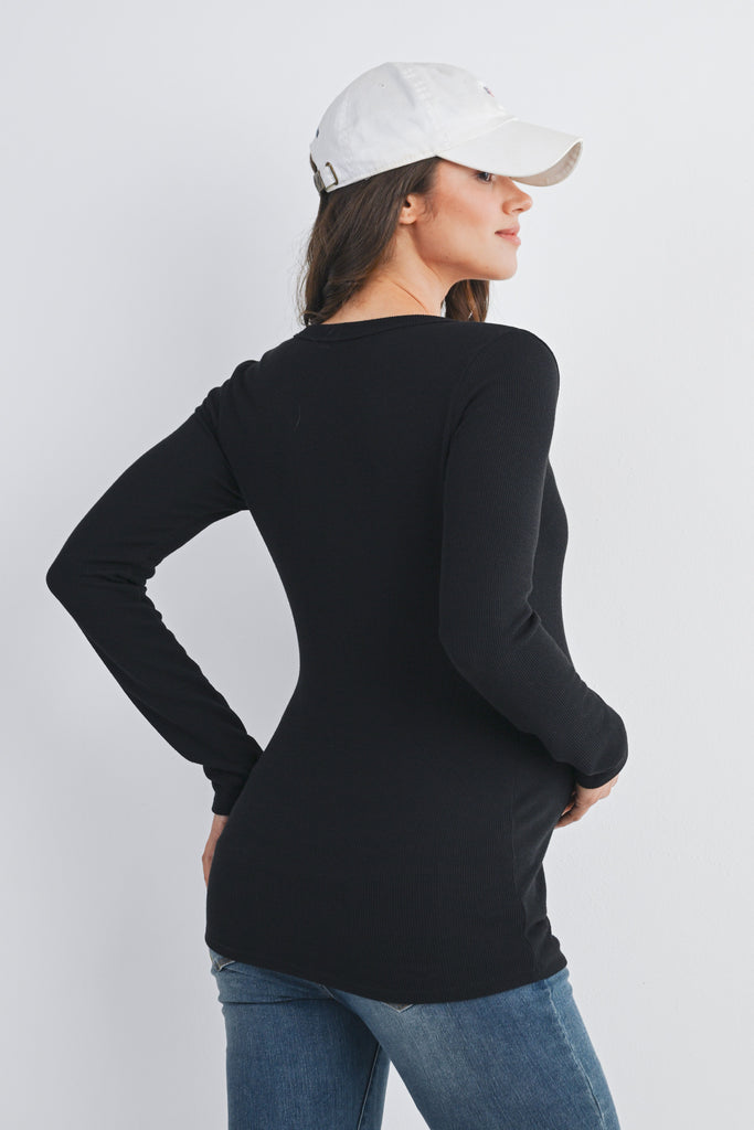 Black Ribbed Long Sleeve Henley Maternity Top Back View