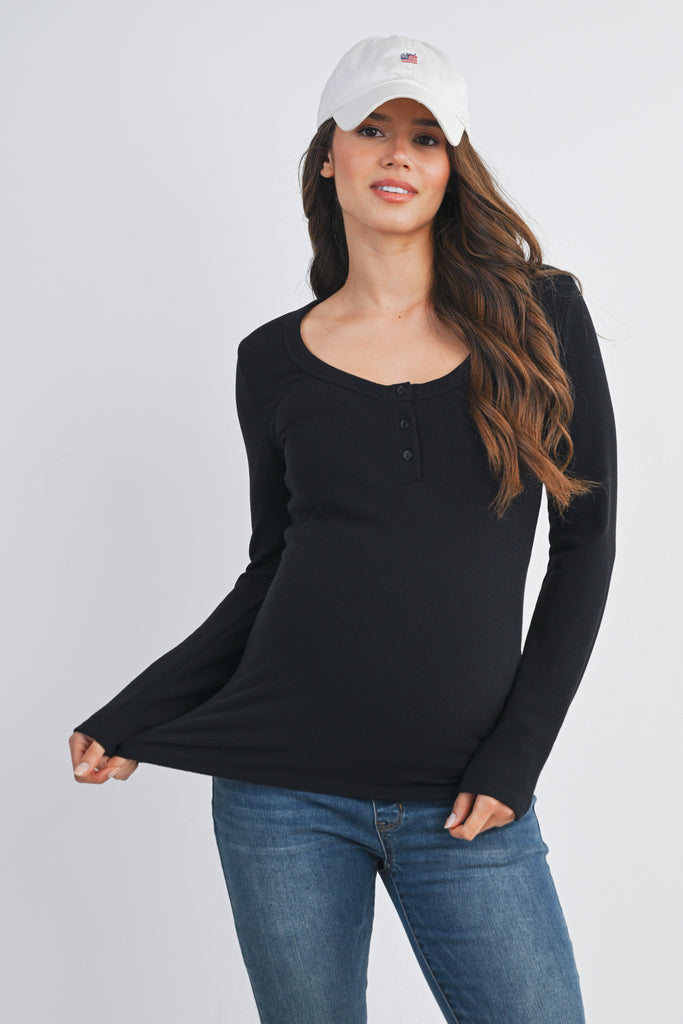Black Ribbed Long Sleeve Henley Maternity Top Front View
