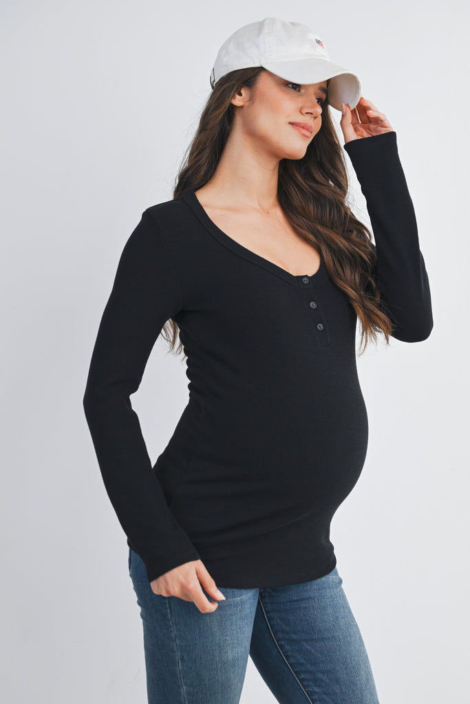 Black Ribbed Long Sleeve Henley Maternity Top Side View