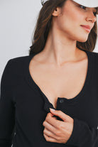 Black Ribbed Long Sleeve Henley Maternity Top Button Close Up