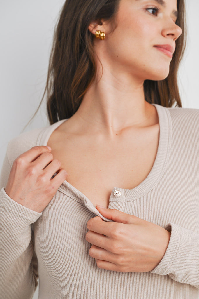 Taupe Ribbed Long Sleeve Henley Maternity Top Close Up Detail 