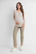 Taupe Ribbed Long Sleeve Henley Maternity Top Full Body
