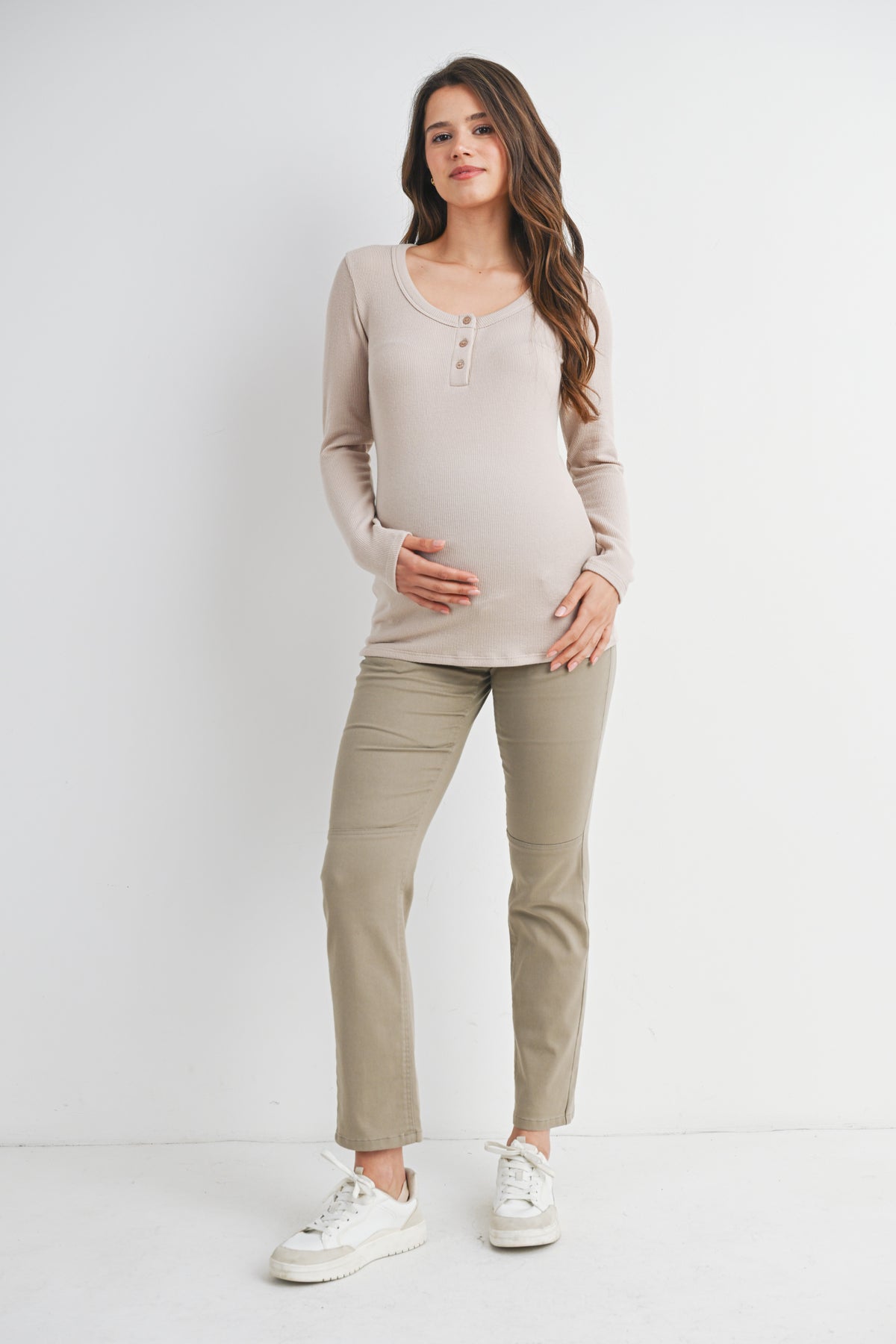 Taupe Ribbed Long Sleeve Henley Maternity Top Full Body