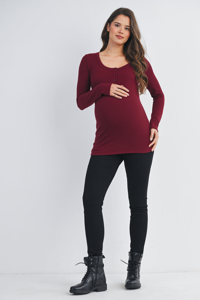 Burgundy Ribbed Long Sleeve Henley Maternity Top Full Body