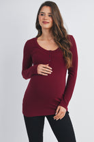 Burgundy Ribbed Long Sleeve Henley Maternity Top Front View