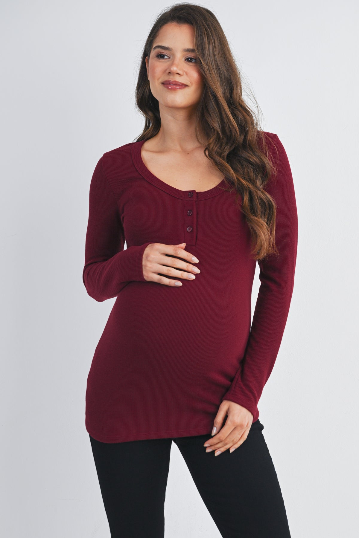 Burgundy Ribbed Long Sleeve Henley Maternity Top Front View