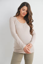 Taupe Ribbed Long Sleeve Henley Maternity Top Front View