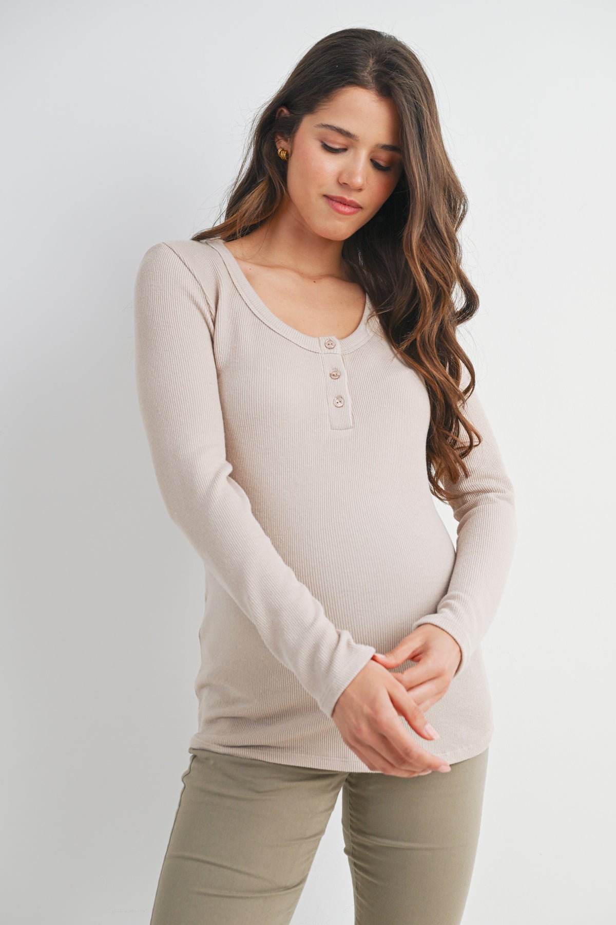 Taupe Ribbed Long Sleeve Henley Maternity Top Front View