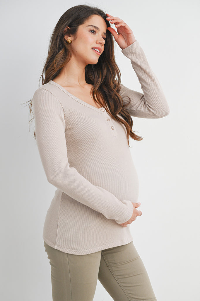 Taupe Ribbed Long Sleeve Henley Maternity Top Front Side View