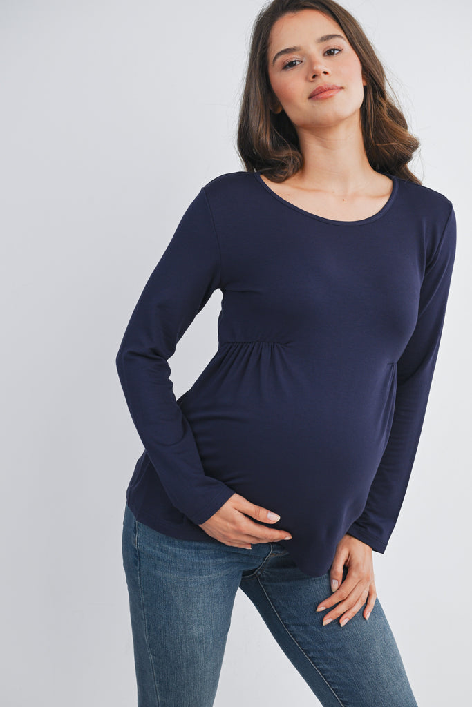 Navy Scoop Neck Long Sleeve Ruched Maternity Top Front View