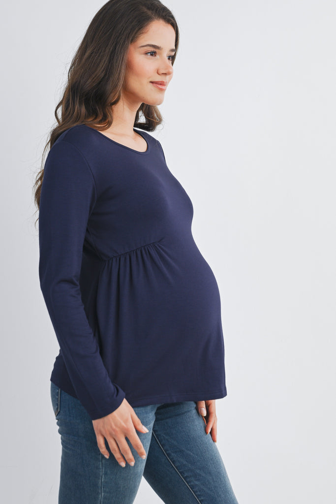 Navy Scoop Neck Long Sleeve Ruched Maternity Top Side View