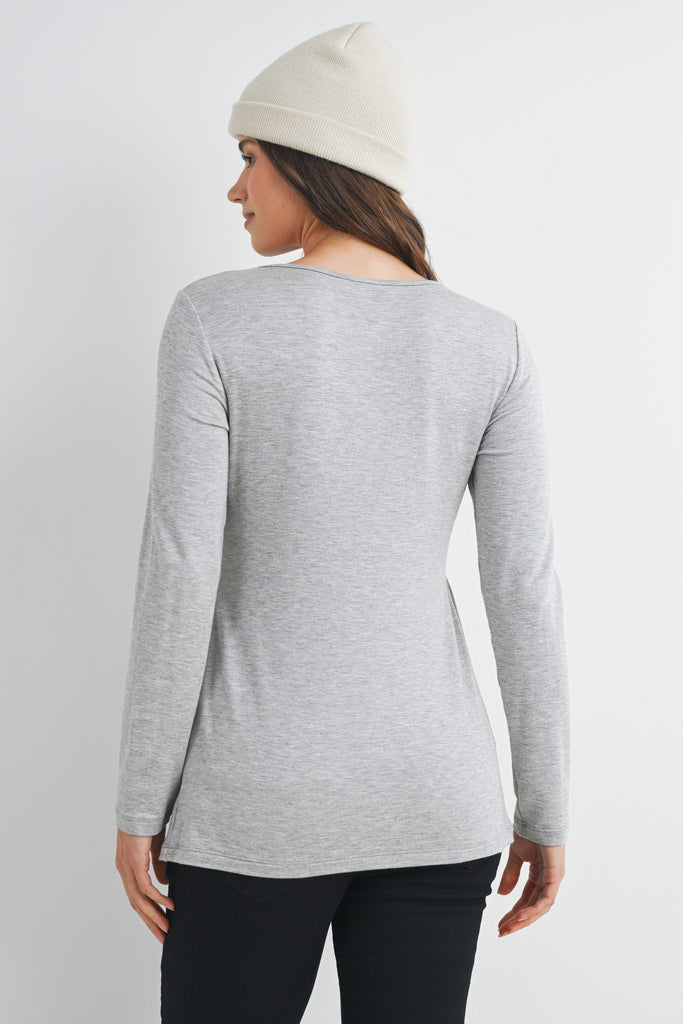 Heather Grey Scoop Neck Long Sleeve Ruched Maternity Top Back View