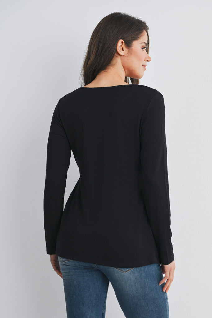 Black Scoop Neck Long Sleeve Ruched Maternity Top Back View