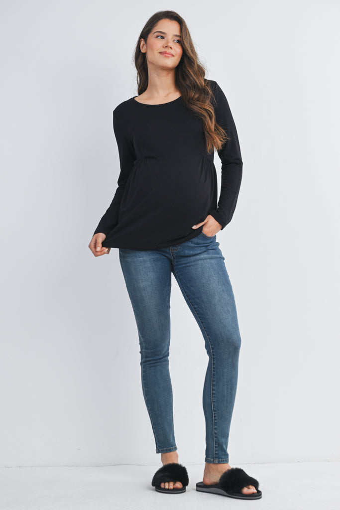 Black Scoop Neck Long Sleeve Ruched Maternity Top Full Body