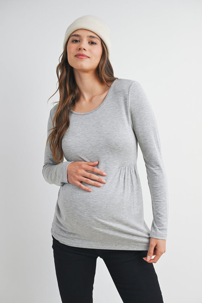Heather Grey Scoop Neck Long Sleeve Ruched Maternity Top Front View