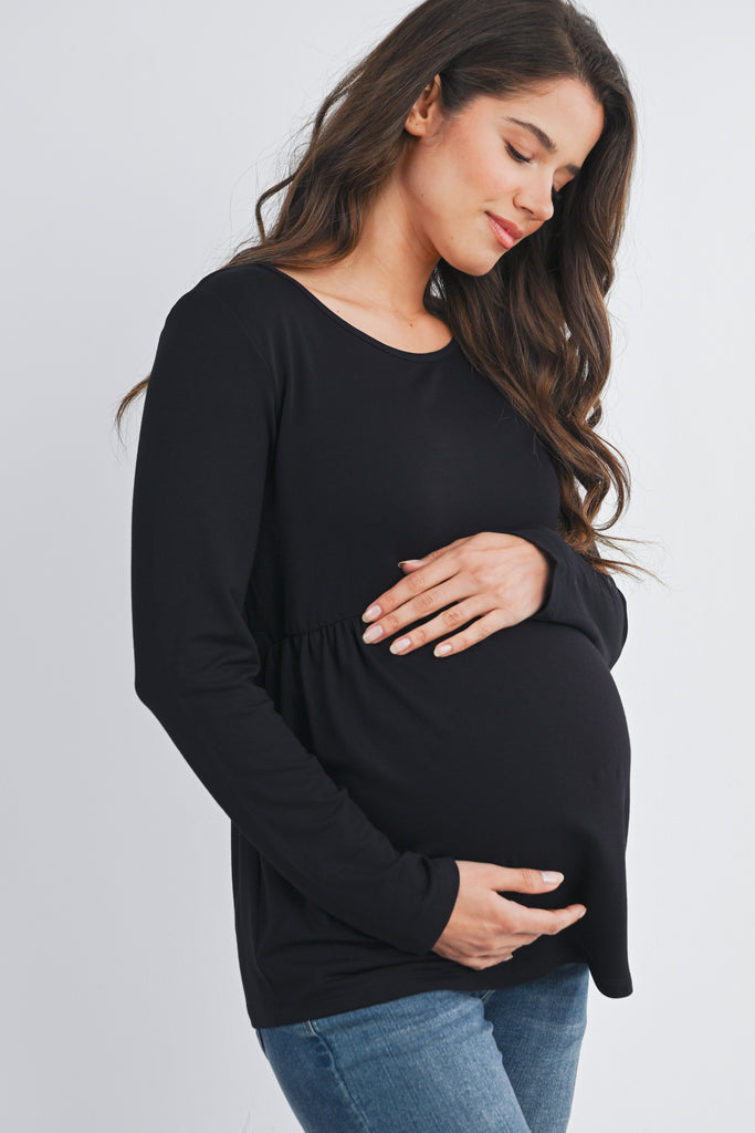 Black Scoop Neck Long Sleeve Ruched Maternity Top Side View