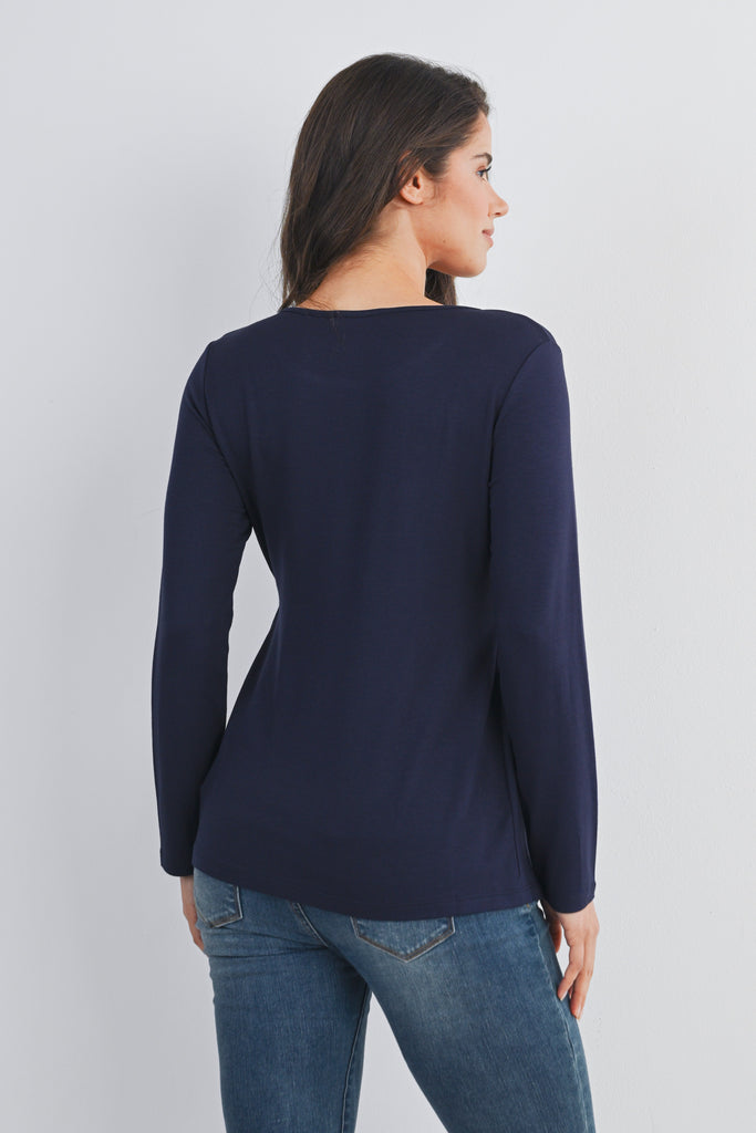 Navy Scoop Neck Long Sleeve Ruched Maternity Top Back View