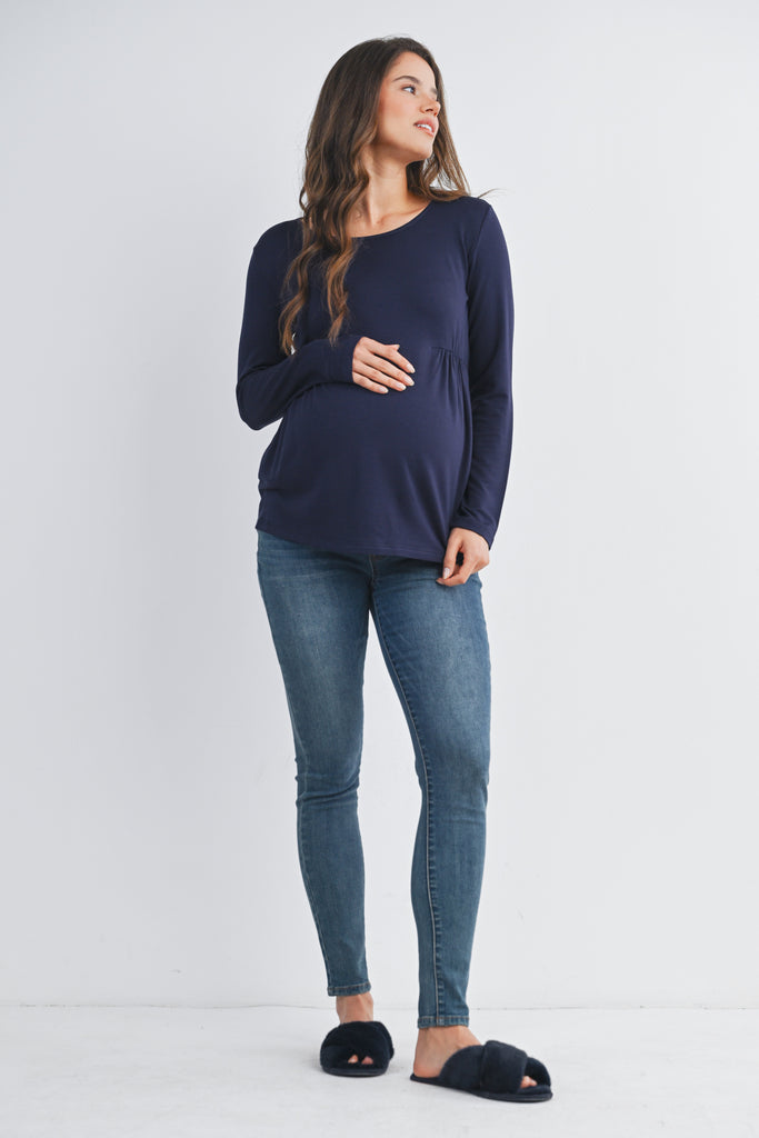 Navy Scoop Neck Long Sleeve Ruched Maternity Top Full Body