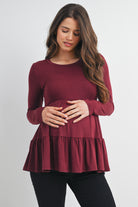 Burgundy Tiered Long Sleeve Maternity Top Front View