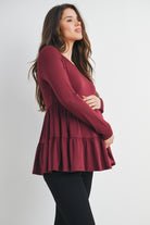 Burgundy Tiered Long Sleeve Maternity Top Side View