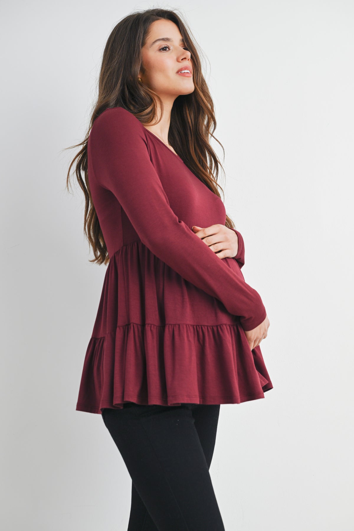 Burgundy Tiered Long Sleeve Maternity Top Side View