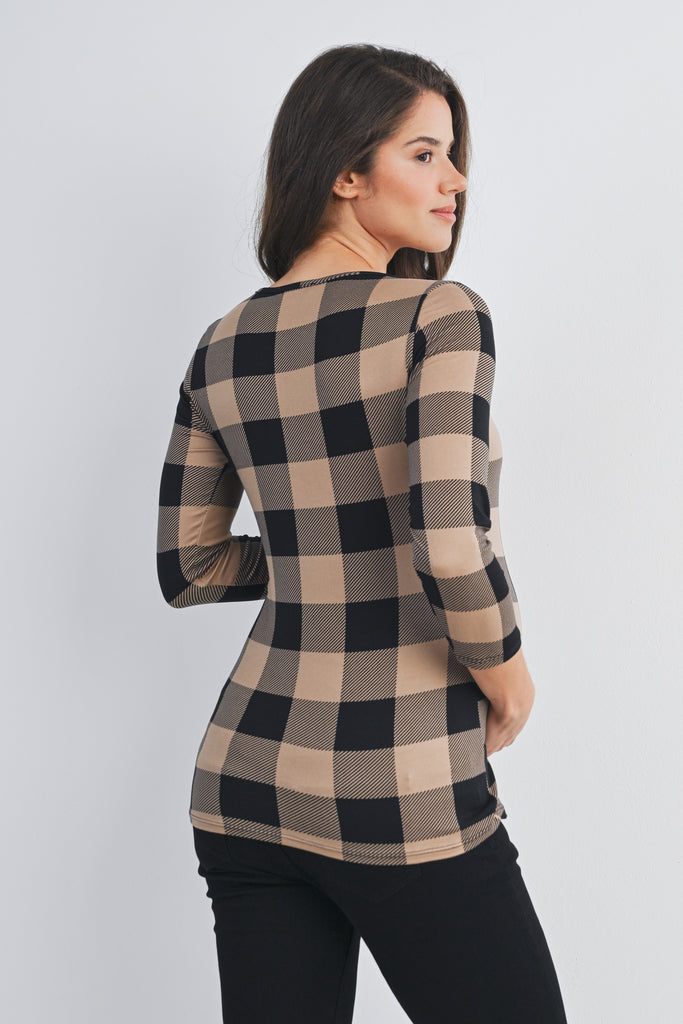 Taupe Plaid 3/4 Sleeve Boat Neck Maternity Top Back View