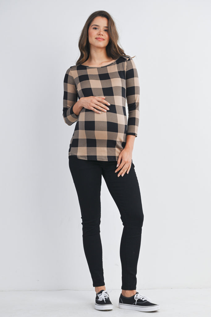 Taupe Plaid 3/4 Sleeve Boat Neck Maternity Top Full Body
