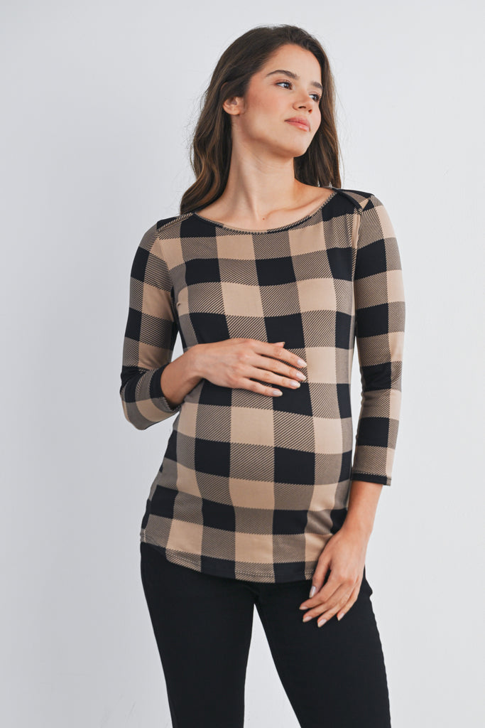 Taupe Plaid 3/4 Sleeve Boat Neck Maternity Top Front View