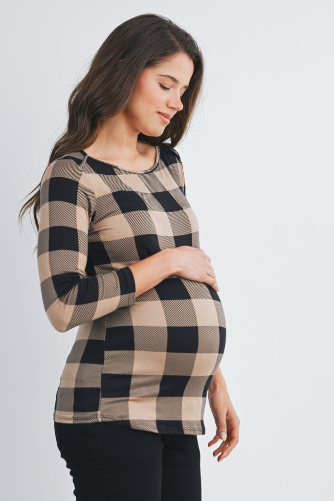 Taupe Plaid 3/4 Sleeve Boat Neck Maternity Top Side View