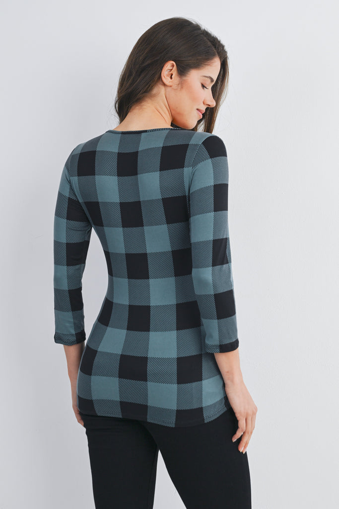 Teal Plaid 3/4 Sleeve Boat Neck Maternity Top Back View